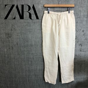 A1345-G-N◆ZARA ザラ パンツ◆sizeS リネン100% ベージュ ホワイト 無地 メンズ ボトムス 長ズボン シンプル カジュアル ウエストゴム 夏