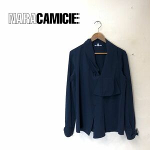 A1313-G◆美品◆NARA CAMICIE ナラカミーチェ ブラウス◆sizeⅡ ネイビー 無地 レディース トップス 長袖 シャツ シンプル リボン 春服 青