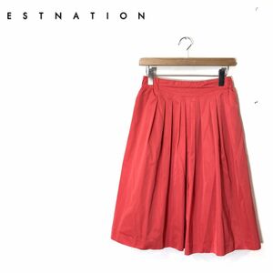 A1298-U◆ESTNATION エストネーション フレアスカート ひざ丈 ウエストゴム シャカシャカ素材 個性的 モード◆size38 レッド ポリエステル