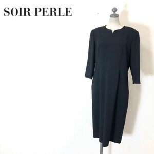 A-U-N◆SOIR PERLE ソワールペルル フォーマルウェア ワンピース 七分袖 ミモレ丈 裏地付き シンプル 喪服◆size13 ブラック ポリエステル