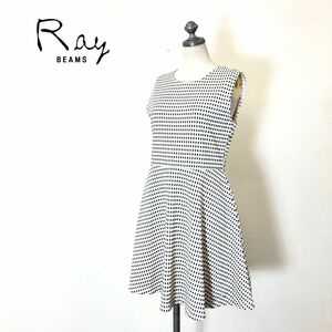 A1114-T◆良品◆RAYBEAMS レイビームス ノースリーブワンピース クルーネック 総柄 ファスナー◆sizeO ホワイト レディース トップス