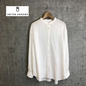 A1106-T◆UNITED ARROWS ユナイテッドアローズ ロングスリーブシャツ ブラウス ノーカラー◆sizeO ホワイト レディース トップス リネン