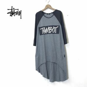 A986-N◆ stussy women ステューシー ラグランカットソー Tシャツ ワンピース プリント◆ sizeM グレー ブラック コットン レーヨンの画像1