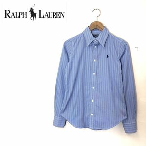 A923-U◆RALPH LAUREN ラルフローレン シャツ 長袖 刺繍ロゴ ストライプ柄 きいれめカジュアル オフィスカジュアル◆size 7 ブルー 綿100%