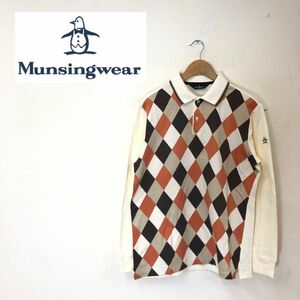 A1896-G-N◆munsingwear マンシングウェア ポロシャツ◆sizeLL チェック メンズ トップス 長袖 ベージュ ブラウン オレンジ ワンポイント