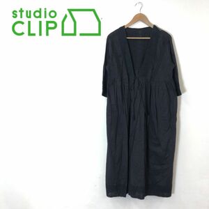 A1863-G-N◆美品◆studio clip スタディオクリップ ロングシャツ◆sizeF 綿100% ブラック 無地 レース レディース アウター 長袖 リボン 黒