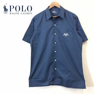 A1541-F◆ old ◆ POLO RALPH LAUREN ポロラルフローレン 半袖オープンカラーシャツ ロゴ刺繍 ◆ sizeL コットン100 ネイビー 古着 春夏