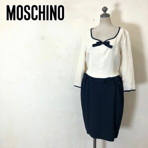 A1881-U◆MOSCHINO モスキーノ ワンピース 七分袖 膝丈 裏地バイカラー リボン ガーリー フェミニン◆size9 アイボリー 紺 トリアセテートの画像1