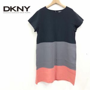 A1751-J◆DKNY ダナキャランニューヨーク 切替半袖ワンピース◆サイズL レディース ひざ丈 毛100% ウール ポケット レイヤード 重ね着