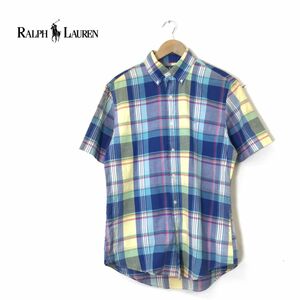 A2618-N*old* Ralph Lauren Ralph Lauren рубашка с коротким рукавом BD кнопка down Logo вышивка tops *sizeM многоцветный проверка хлопок 100