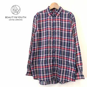 A2542-F-N◆ beauty＆youth ビューティーアンドユース 長袖シャツ チェック総柄 トップス ◆ sizeS コットン リネン マルチカラー 古着 春