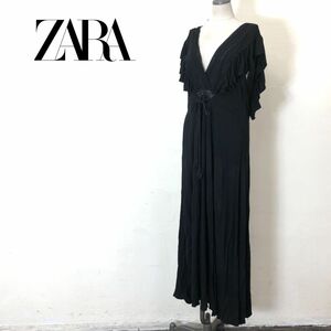 A2480-O◆ ZARA ザラ ワンピース レース リボン ノースリーブ Vネック ロング◆sizeM ブラック 黒