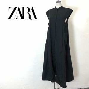 A2475-O-N◆ ZARA ザラ フレンチスリーブワンピース フレア シャツ ロング◆sizeS コットン ブラック 黒