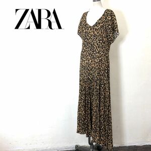 A2474-O-N◆美品◆ ZARA ザラ ロングワンピース レオパード ヒョウ柄 Vネック 半袖 フレア◆sizeXS レーヨン イエロー系