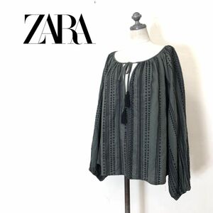 A2473-O-N◆良品◆ ZARA ザラ ブラウス エスニック リネン 刺繍 リボン 長袖 シャツ トップス◆sizeM コットン 麻 グリーン