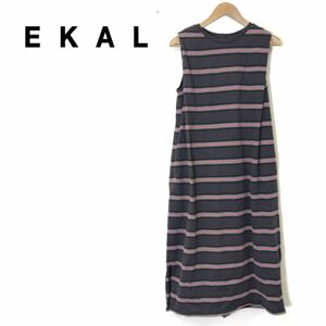 A2512-G◆美品◆ekal エカル ロングワンピース◆size1 綿100% ボーダー グレー レディース ノースリーブ Tシャツ カジュアル レッド 袖なし