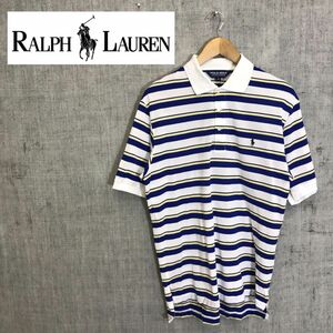 A2511-G◆美品◆polo golf ralph lauren ポロゴルフラルフローレン ポロシャツ◆sizeM 綿100% ボーダー メンズ トップス 半袖 ホワイト 青