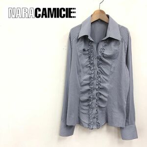 A2353-K◆NARACAMICIE ナラカミーチェ 長袖フリルシャツ◆size2 グレー ストライプ スキッパー ストレッチ ビジネス オフィス キレイめ