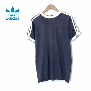 A2295-N◆80s初期◆USA製 vintage adidas アディダス 半袖Tシャツ カットソー トレフォイル 3ストライプ◆ L ネイビー コットン ポリ 50/50