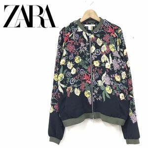 A2062-R◆ZARA trf outwear 総柄ジップアップブルゾン◆サイズM レディース 婦人 ライトアウター 花柄 薄手 春 秋 ブラック