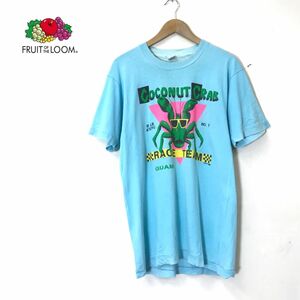 A2292-N◆old◆ 90s USA製 FRUIT OF THE LOOM フルーツオブザルーム 半袖Tシャツ プリントT カットソー ◆sizeL 水色 コットン 古着