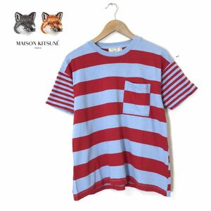 A2176-N◆美品◆ポルトガル製◆ MAISON KITSUNE メゾンキツネ リネン混 半袖Tシャツ カットソー ポケT ◆sizeS ブルー レッド ボーダー 綿