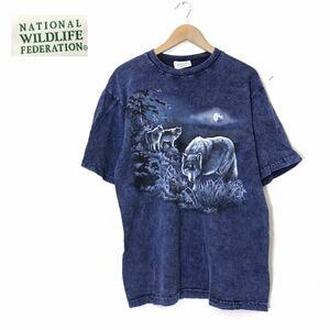 A2170-N◆old◆美品 USA製 National Wildlife Federation 全米野生生物連盟 半袖Tシャツ ウルフ 狼 プリント ◆ sizeL ネイビー コットン