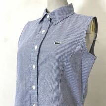 A2149-U-N◆LACOSTE ラコステ ワンピース ノースリーブ ひざ丈 シャツ襟 刺繍ロゴ 格子柄 カジュアル 爽やか◆size40 ブルー系 綿100%_画像3