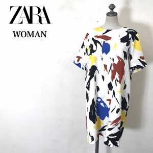 A2146-U-N◆ZARA WOMAN ザラウーマン ワンピース 半袖 ひざ上丈 アーティスティック モード 個性的 目立つ◆size L 赤 青 黄 ポリエステル