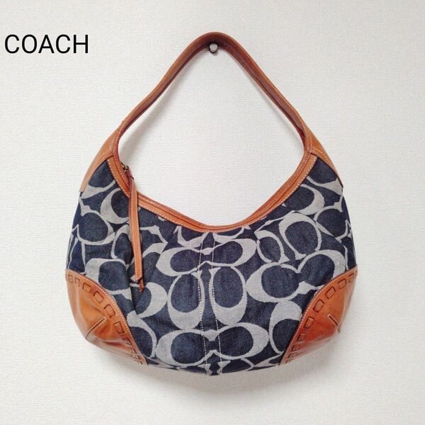 美品　COACH　ショルダーバッグ　シグネチャー　デニム　レザー　 肩掛け　エルゴ