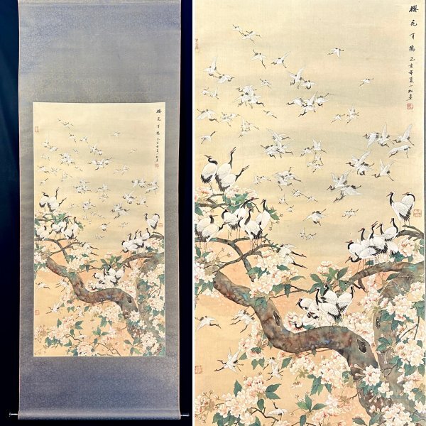 [Reproducción] Huang Yi, Huang Xiao Ping, Pergamino colgante Sakura y las Cien Grullas, seda, pintura de flores y pájaros, pintura de pájaros y animales, Porcelana, arte chino, pintura china, Pintor literato chino de mediados de la dinastía Qing, familia xisi, K04025, Cuadro, pintura japonesa, Flores y pájaros, Fauna silvestre