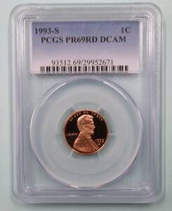 PCGS PR69RD DCAM アメリカ 1セント銅貨 1993年S プルーフ 完全未使用 USA ONE CENT