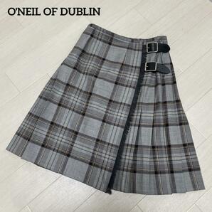 オニールオブダブリン　O'NEIL OF DUBLIN ラップスカート　プリーツ　チェック　ベルト　グレー 巻きスカート　ウール１００％　牛革