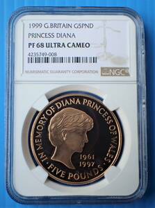 英国 1999年 イギリス コイン ダイアナ妃追悼記念 5ポンド 金貨 NGC PF68 UCAM モダンコイン ロイヤルミント