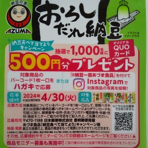 懸賞 オリジナル QUOカード クオカード 応募券 おろしだれ納豆 納豆の里 消印有効 2024年4月30日の画像1