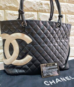 【中古】CHANEL カンボンライン トートバッグ ハンドバッグ シャネル カンボントート ラージサイズ ブラック 黒 マトラッセ レザー