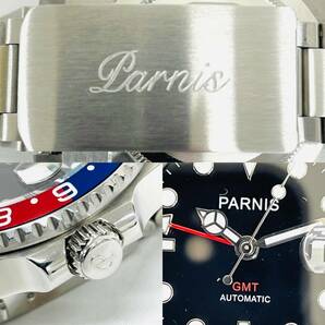 H804*5 1円スタート!! 美品 稼働 PARNIS パーニス 腕時計 GMT ツインタイム 自動巻き 黒文字盤 ブルー×レッド メンズ 箱付きの画像10