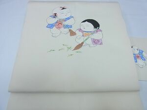 着物おきな★塩瀬　九寸名古屋帯　作家　手描き　唐子　正絹　美品★yy1026