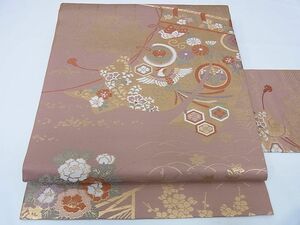 着物おきな★九寸名古屋帯　吉祥花鳥文　金糸　正絹　美品★yy1039