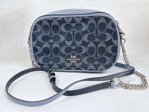 良品 COACH F25878 チェーン ショルダーバッグ シグネチャー デニム×レザー ブルー系 シルバー金具 斜め掛け レディース コーチ クロス