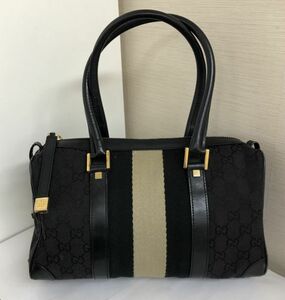 GUCCI グッチ 001 0851 GGキャンバス シェリー ライン ミニボストンバッグ ハンドバッグ ブラック キャンバス レザー ジャンク　202069 　