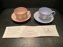 希少 格安 ウエッジウッド Wedgwood ジャスパーウェア ティカップ&ソーサー 2客セット ブルー&ピンク 保管品 優雅　オシャレ 貴賓_画像1