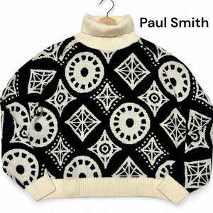  beautiful beauty goods * Paul Smith [ pressure volume. design ]Paul Smith high‐necked total pattern knitted sweater wool 100% black × ivory complete sale goods * men's 