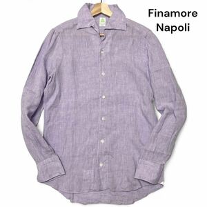 美麗品◎麻100%!!Lサイズ位 フィナモレ【圧巻の希少カラー】Finamore Napoli リネン 長袖 シャツ パープル イタリア製 薄手 春夏◎メンズ