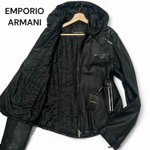  ultra rare *50 size!! Emporio Armani [ tender feel of ]EMPORIO ARMANI ram leather Logo jacket Parker sheep leather black * men's 