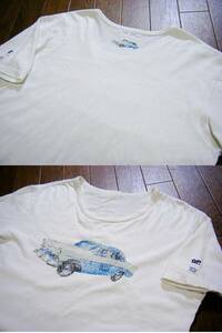 伸縮/良品〇パパス Papas Tシャツ 48 (M) レトロデザイン「アメ車」両面ブランドロゴ 白色