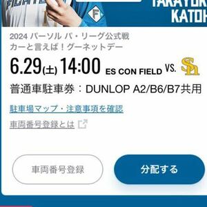 6/29(土)北海道日本ハムファイターズ　DUNLOP PARKING エスコンフィールド駐車券A2/B6/B7共用普通駐車券　