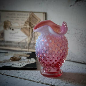 極美品 送料無料 Fenton フェントン 花瓶 ホブネイル オパールセント ガラス ビンテージ アンティーク ラズベリー オールド