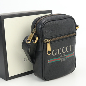 中古良品グッチGUCCI ロゴプリント ショルダーバッグ レザー 574803 ブラック系 ランク：A us-2 メンズ レディース