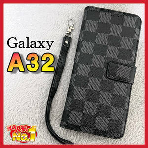 大人気　Samsung Galaxy A32ケース手帳型　黒色　チェック柄 PUレザー　高級感　 耐衝撃 サムスンギャラクシーA32カバー　ブラック